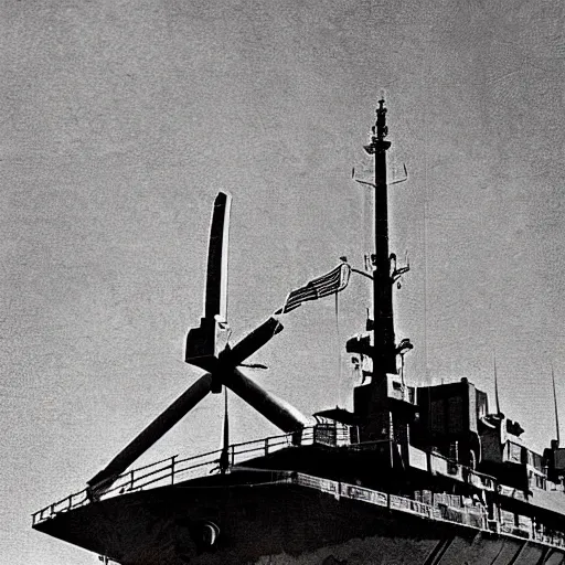 Prompt: A State of Liberty used as a giant Antenna on the US military ship, kodak photograph, ultra realistic, grainy, highly detailed