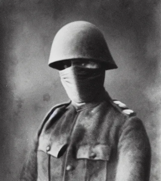 Image similar to a soldier wearing a cloth over face and head in distance, ww1 film photo, grainy, high detail, high resolution