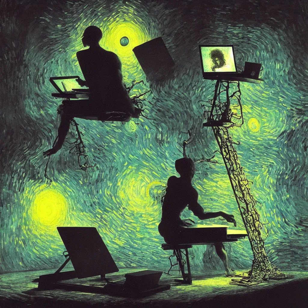 Prompt: A man programs A.I. on a laptop in a climbing gym - award-winning digital artwork by Salvador Dali, Beksiński, Van Gogh and Monet. Stunning lighting