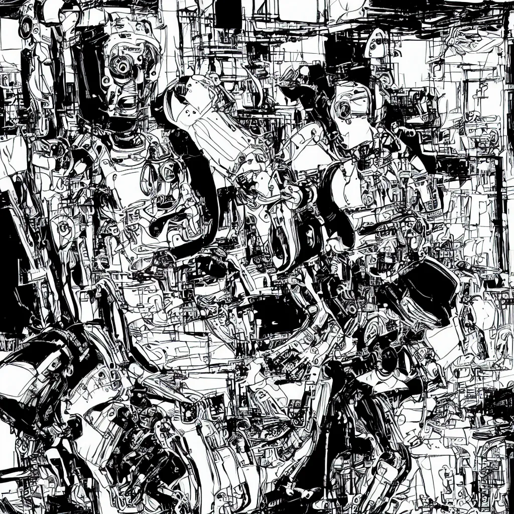 Image similar to a human like mechanical detailed robot sit on a chair while looks to a canary black and white comic book style