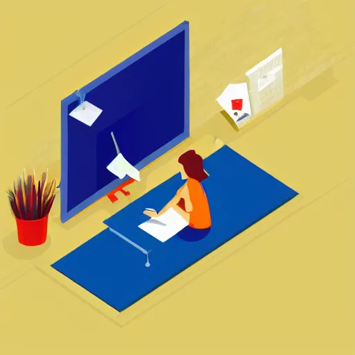 Image similar to isometric flat art of a person writing at a desk smiling