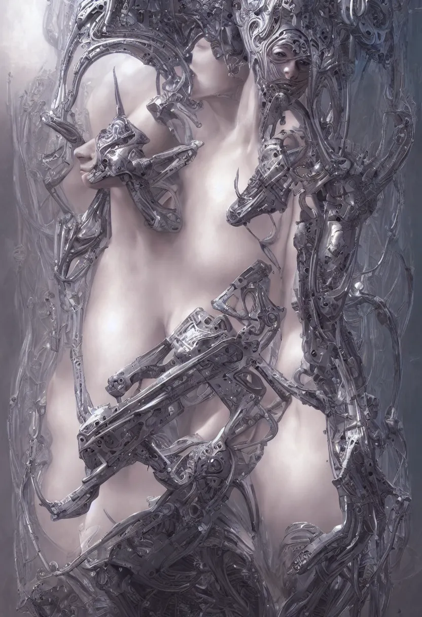 Image similar to beautiful white cyborg goddess, by william - adolphe bouguereaum artgerm and hr giger and zdzislaw beksinski, matte painting, hyperdetailed, symmetry, art nouveau, beautiful render, concept art