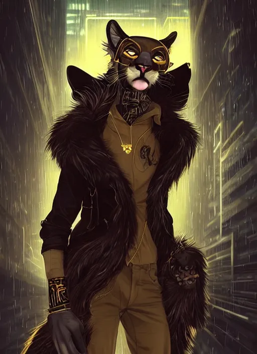 Prompt: award winning beautiful portrait commission of a male furry anthro mountain lion fursona with a tail and a cute beautiful attractive detailed furry face wearing stylish black and gold cyberpunk clothes in a cyberpunk city at night while it rains. Character design by charlie bowater, ross tran, artgerm, and makoto shinkai, detailed, inked, western comic book art