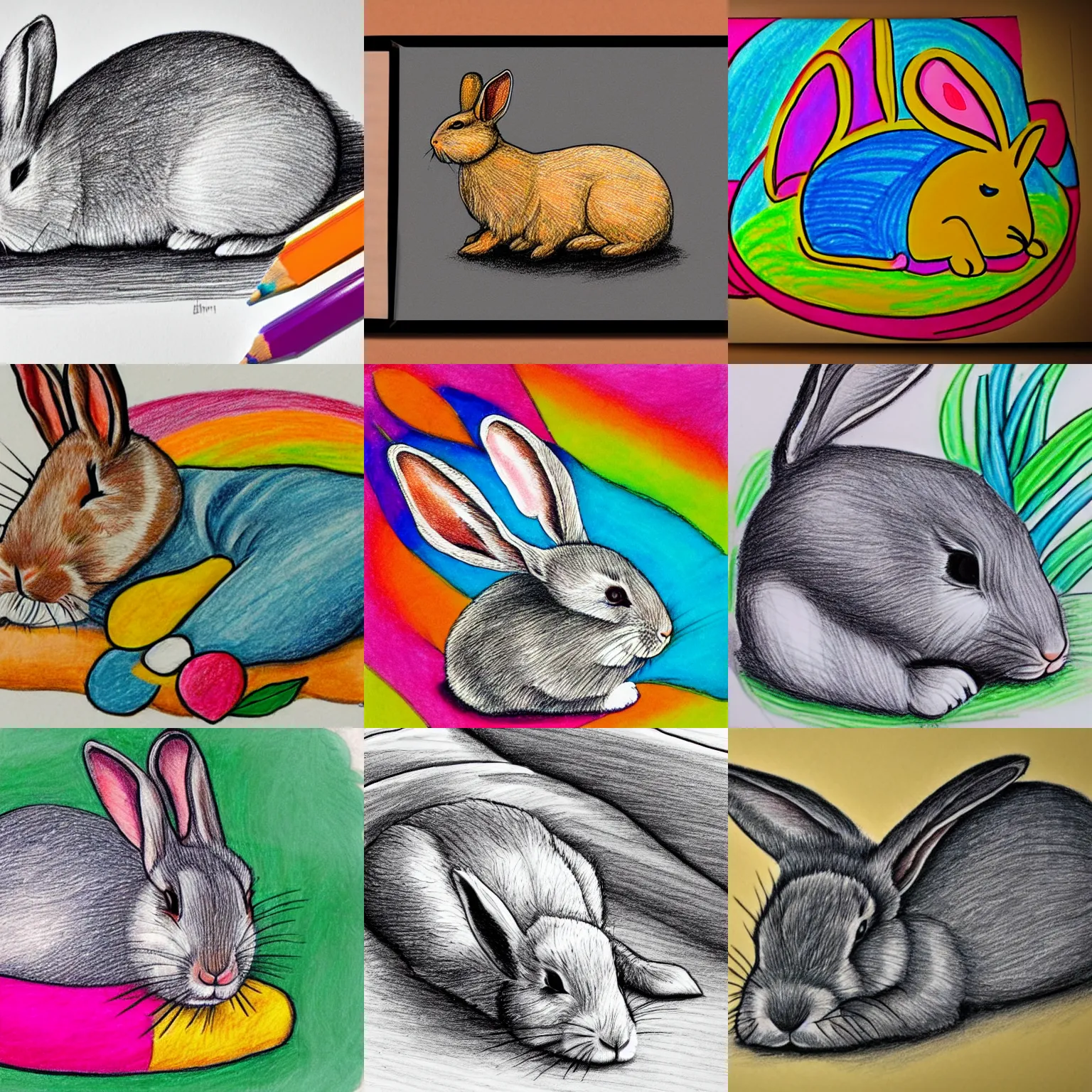 Prompt: drawing of a rabbit sleeping on a bed, colorful, well made