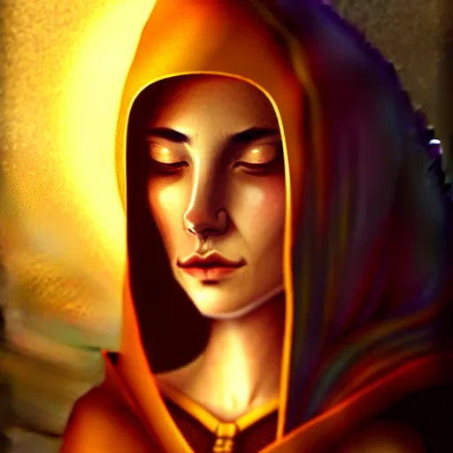 Prompt: ( a priestess with a hood that covers half her face carries an incense burner that emits a pleasantly colored flame. ) by anato finnstark, photorealistic, fullbody portrait, dynamic lighting, beautiful, trending on artstation, wallpaper, 4 k, award winning, digital art, golden hues, firm line