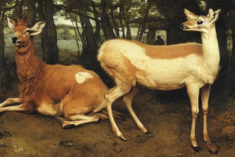 Image similar to Lama, Deer, Dog, Horse combined; fantastic sick beast. Skin of beast is infected exposed damaged skin inflated blisters by Arthur Rackham, Eugene de Blaas, Frederic Leighton, Tom Bagshaw, Ivan Shishkin, Hans Thoma, Asher Brown Durand