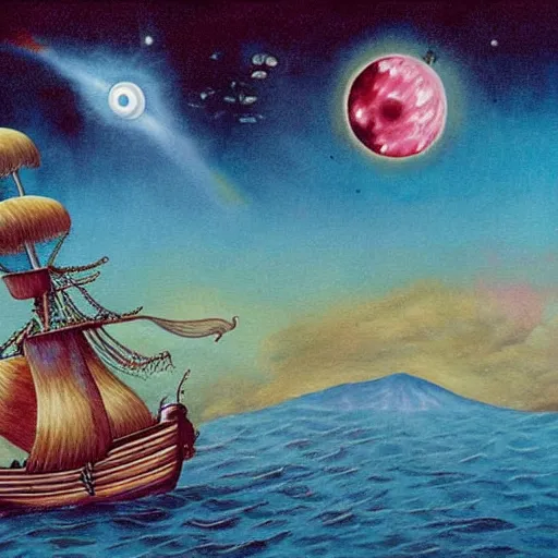 Prompt: Surrealistic painting of a pirate ship on lava, planets on the background, extremely detailed