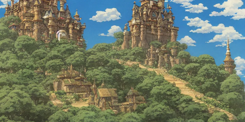 Prompt: castle in the sky, azure sky, studio ghibli, james gurney, fantasy art