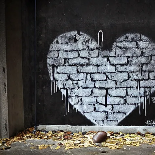 Image similar to exploding heart in several pieces, sadness, dark ambiance, by Banksy