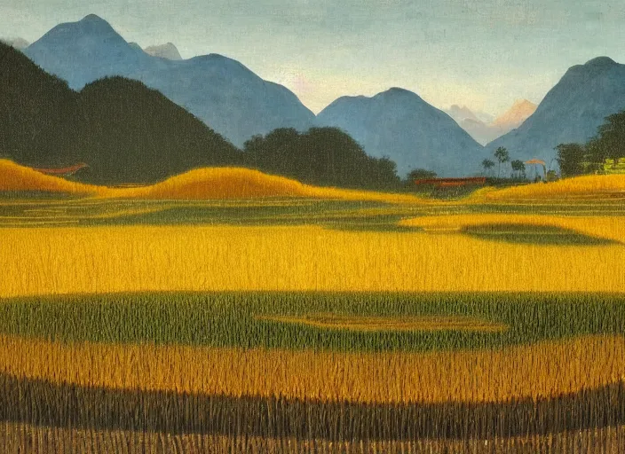 Prompt: painting of a rice paddy with two big mountains in the background, an asphalt road in the middle of paddy, big yellow sun rising between the mountain, old master masterpiece