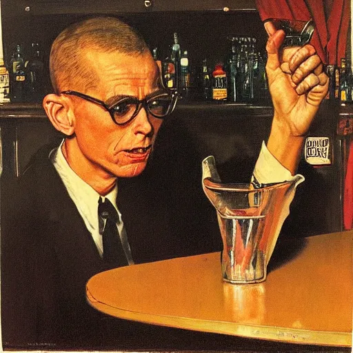 Prompt: a portrait of a man in the 1 9 6 0 s drinking alone in a bar late at night, by norman rockwell