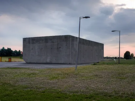 Prompt: a building in the middle of a concrete field