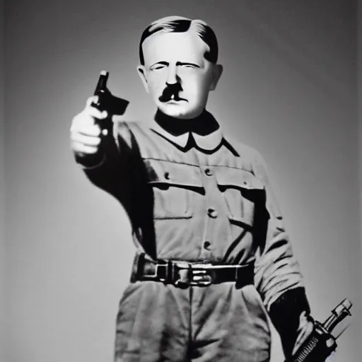 Prompt: blacka nd white old photograph of a farm boy holding a gun pointing at adolf hitler realism, 4 k, award winning photograph