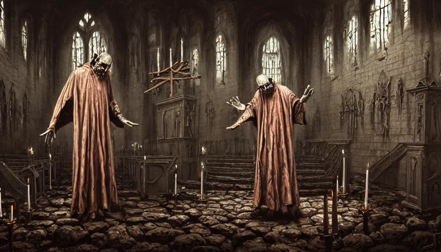 Prompt: dark rotting priest conducts rite of baptism, death church, blood, crosses, religion, death, fear, horror, ultra realistic, hyperrealism, fine details, detailed and intricate environment, by barlowe, by wayne, by gigger, 4 k