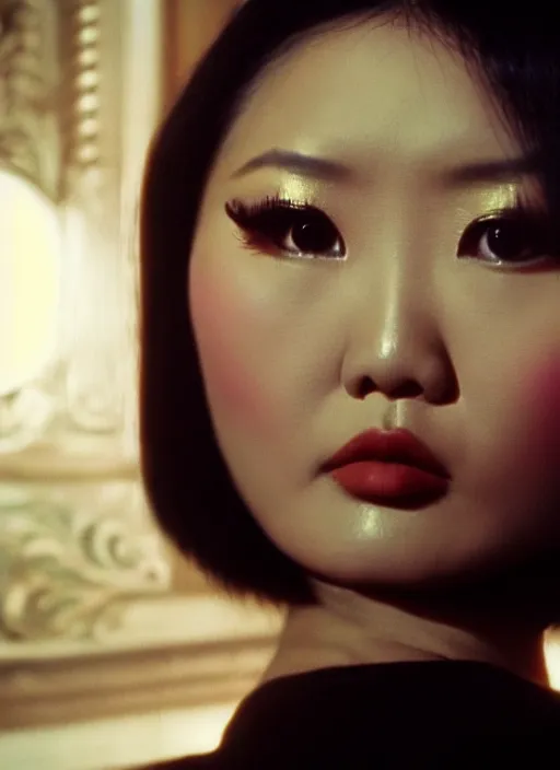 Image similar to a close up portrait film still of a bored stunning vietnamese actress from a year nineteen - seventy - two italian giallo film about finding a villain, global illumination, ultra ornate detail.