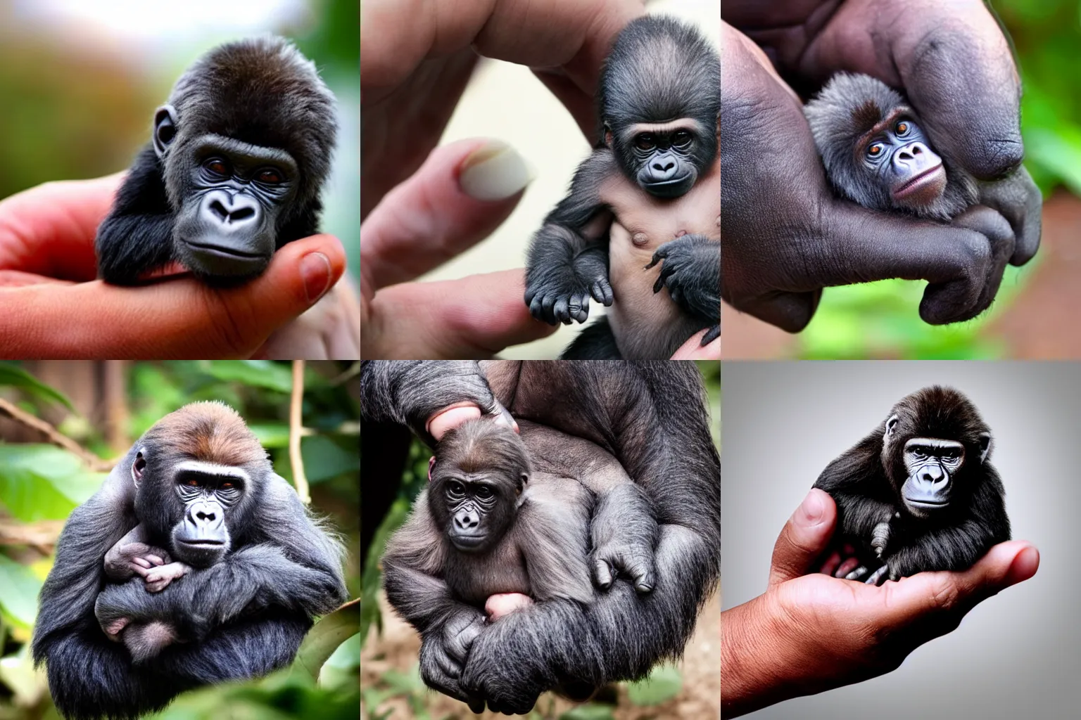 Prompt: small silverback gorilla in the palm of a hand