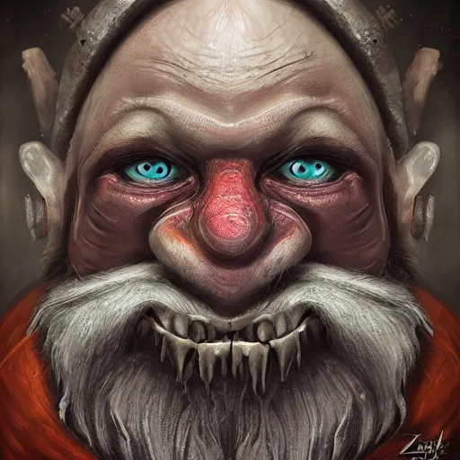 Image similar to a higly detailed horrific gnome portrait by dariusz zawadzki