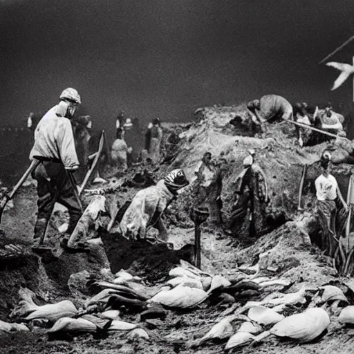 Prompt: black and white photograph of a mass grave full of dodo birds being buried by workers with shovels dressed in tattered clothes, a man in a black jumpsuit jumps out of a futuristic flying car running towards the pit