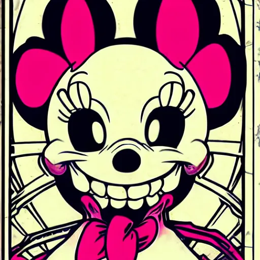 Image similar to anime manga skull portrait minnie mouse disney cartoon skeleton illustration style by Alphonse Mucha pop art nouveau