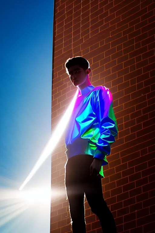 Image similar to un ultra high definition studio quality photographic art portrait of a young man standing on the rooftop of a british apartment building wearing soft inflatable padded iridescent fresnel refractive clothing. three point light. extremely detailed. golden ratio, ray tracing, volumetric light, shallow depth of field. set dressed.