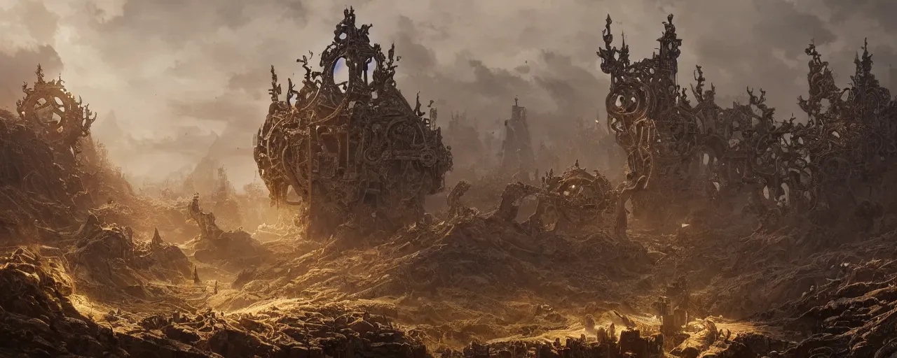 Image similar to otherwordly landscape with ground made of an ornate bronze gear mechanism, [ cinematic, detailed, epic, widescreen, opening, establishing, mattepainting, photorealistic, 4 k, octane render, art by greg rutkowski ]
