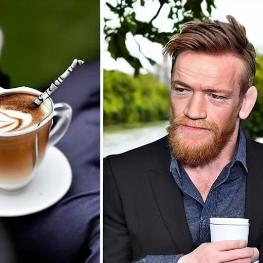 Image similar to mcgregor is dressed as a gentleman at early 2 0 th century paris. he is having a coffee at the banks of river seine. ewan mcgregor has a coffee cup on his hand. next to him is a small brown cat with yellow glowing eyes