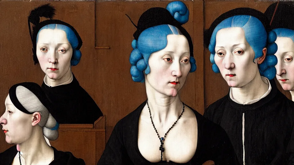 Image similar to portrait of a woman with blue hair buns, wearing a black suit, walking in a crowded street, intricate details, high detail, in the style of rogier van der weyden and jacopo da pontormo, punk, masterpiece