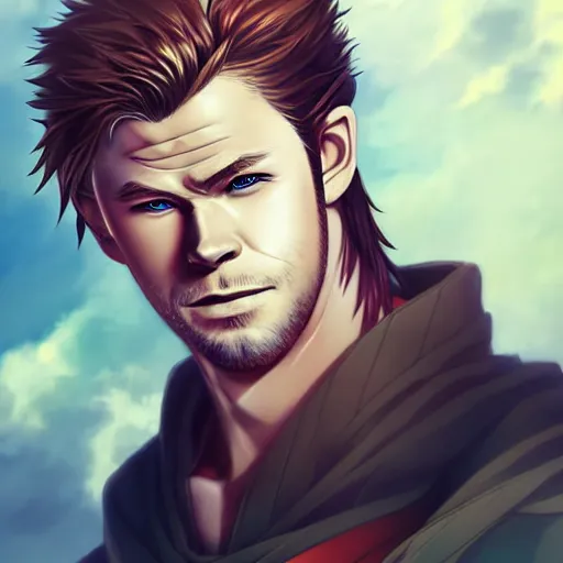 Image similar to anime portrait of Chris Hemsworth as an anime man by Stanley Artgerm Lau, WLOP, Rossdraws, James Jean, Andrei Riabovitchev, Marc Simonetti, and Sakimichan, trending on artstation