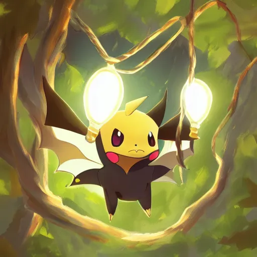 Image similar to a pokemon that looks like bat, bat hanging upside down in a tree, glowing like a light bulb, digital art. trending on art station, unreal engine.