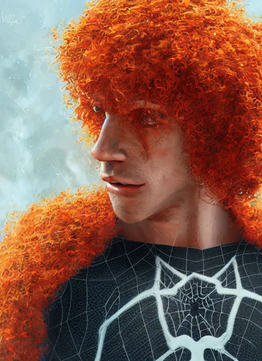 Image similar to illustration of curly orange hair man from mervel's spider man : miles morales, au naturel, hyper detailed, digital art, trending in artstation, cinematic lighting, studio quality, smooth render, unreal engine 5 rendered, octane rendered, art style by klimt and nixeu and ian sprigger and wlop and krenz cushart and marvel