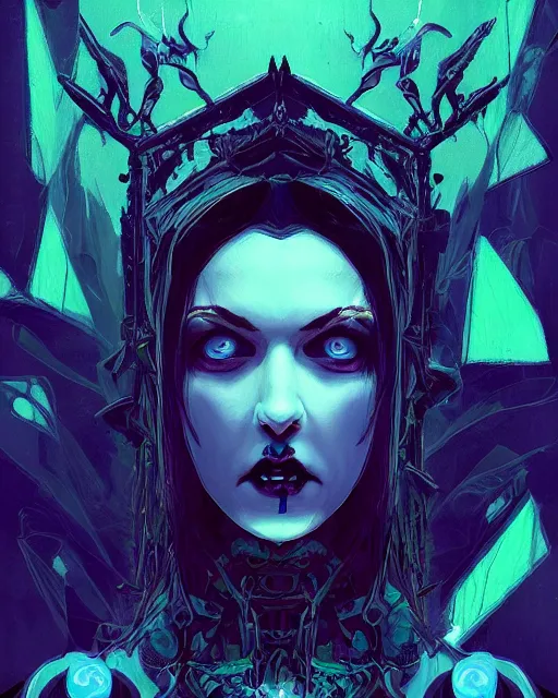 Image similar to portrait of funny blue and green eyes goth dark queen of the vampire council, intricate abstract. intricate artwork, by tooth wu, wlop, beeple, dan mumford. concept art, octane render, trending on artstation, greg rutkowski very coherent symmetrical artwork. cinematic, key art, hyper realism, high detail, octane render, 8 k, iridescent accents