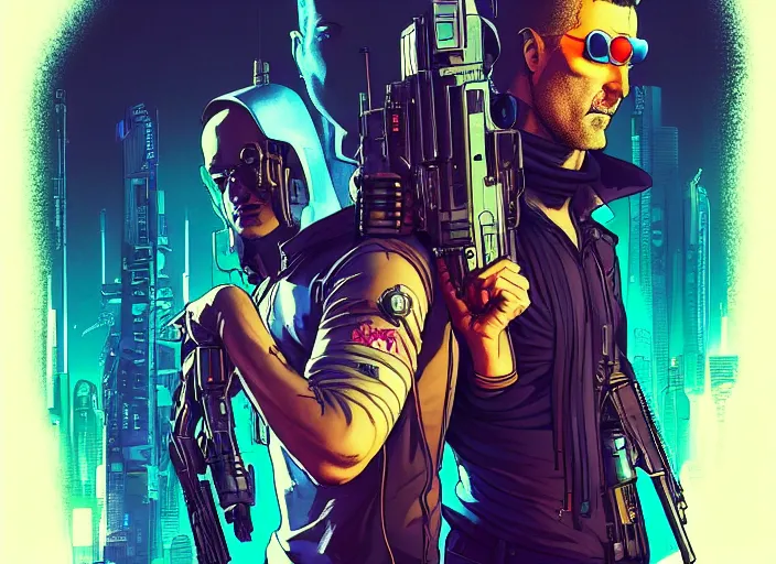 Image similar to cyberpunk hitmen. portrait by stonehouse and mœbius and will eisner and gil elvgren and pixar. character design. realistic proportions. cyberpunk 2 0 7 7 character art, blade runner 2 0 4 9 concept art. cel shading. attractive face. thick lines. the team. diverse characters. artstationhq.