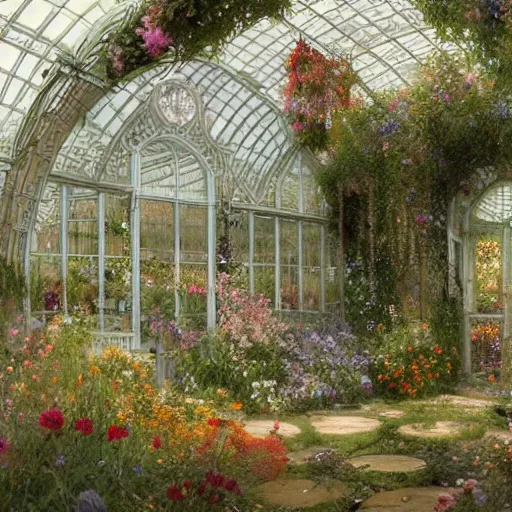 Prompt: a beautifull intricate greenhouse with many flowers, reflexions, verry high details by william turner art, greg rutkowski and alphonse mucha, trending on artstation, very very detailed, masterpiece, - w 1 0 2 4