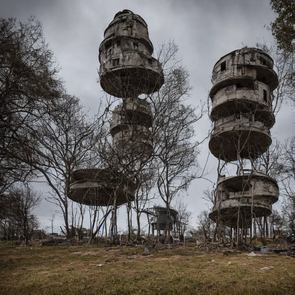 Image similar to a circular tower, made up of makeshift squatter shacks, dystopia, sony a 7 r 3, f 1 1, fully frontal view, photographed by jeanette hagglund