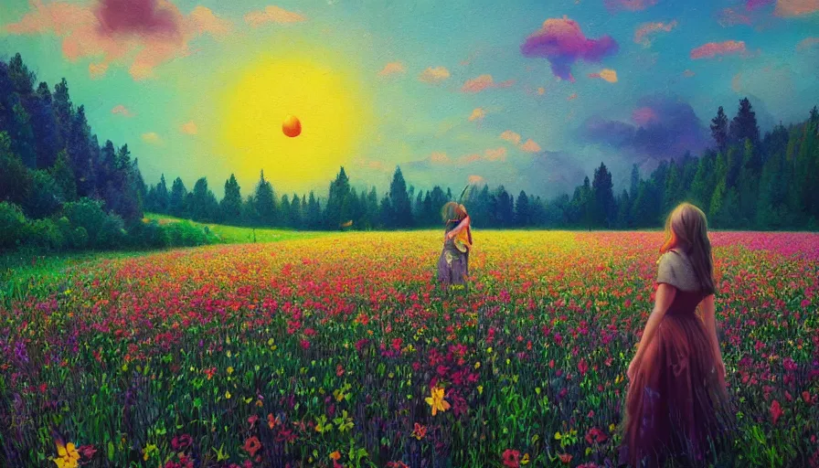 Prompt: girl with a flower face, surreal photography, dream, standing in flower field, hills, big trees, sunrise dramatic light, impressionist painting, colorful clouds, digital painting, pointillism, artstation, simon stalenhag, flower