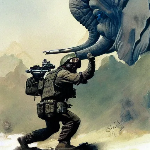 Image similar to an elephant in tactical gear in a frazetta painting