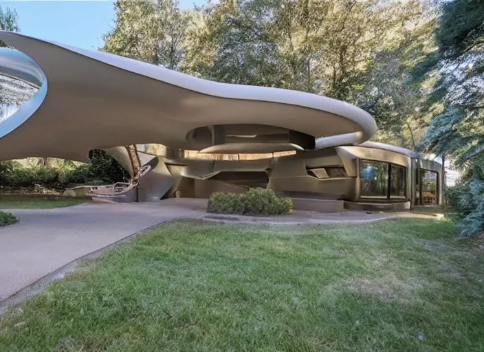 Image similar to zillow listing of a retro futuristic science fiction home for sale in the year 2400