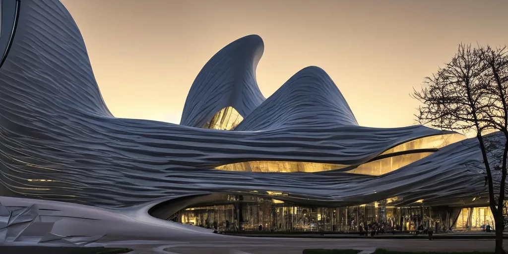 Image similar to extremely elegant smooth detailed stunning sophisticated beautiful elegant futuristic museum exterior by Zaha Hadid, Milan buildings in the background, smooth curvilinear design, stunning volumetric light, stainless steal, concrete, translucent material, beautiful sunset, tail lights