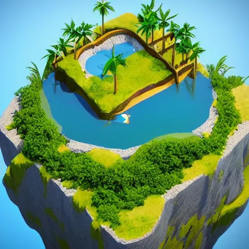 Image similar to a floating island on an aquatic environment isometric art, low poly art, game art, artstation, 3D render, high detail, cgsociety, unreal engine 5