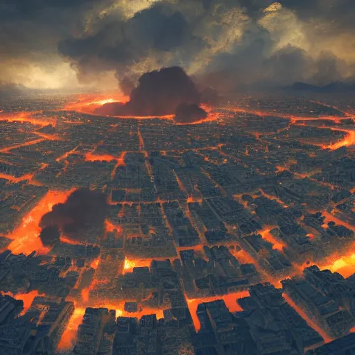 Prompt: an ancient city on fire, a massive black void in the center of the sky surrounded by swirling firestorm clouds, wide perspective, low perspective, burning village, highly detailed digital art, cinematic, dark moody colors, hyper realism, oil on canvas, trending on Artstation, octane render