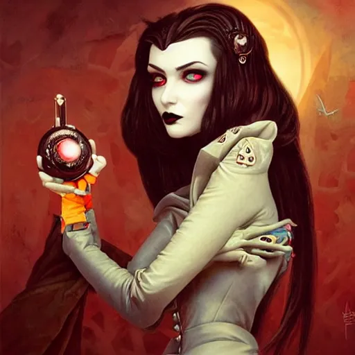 Prompt: Lofi Vampire Goth Steampunk portrait Pixar style by Tristan Eaton Stanley Artgerm and Tom Bagshaw, with small hands and gloves on hands.