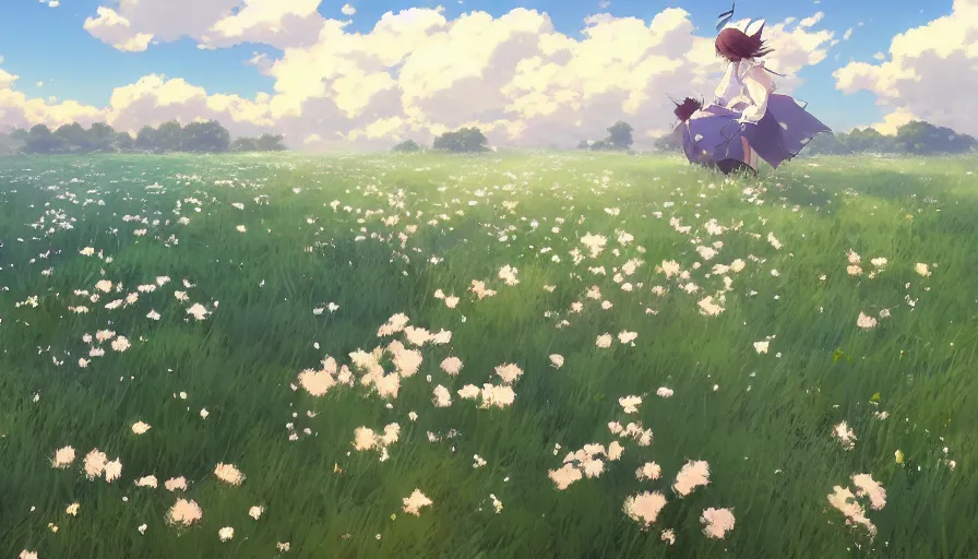 Image similar to a field of beautiful flowers, fluffy white clouds in the blue sky on a beautiful windy day, trending on pixiv fanbox, painted by greg rutkowski makoto shinkai takashi takeuchi studio ghibli