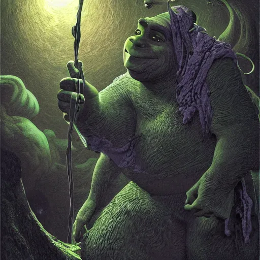 Image similar to photorealistic shrek in the style of michael whelan and gustave dore. hyperdetailed photorealism, 1 0 8 megapixels, fully clothed, lunar themed attire, amazing depth, glowing rich colors, powerful imagery, psychedelic overtones, 3 d finalrender, 3 d shading, cinematic lighting, face portrait, artstation concept art