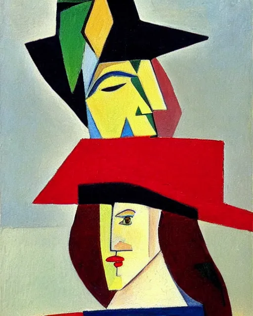 Prompt: a painting of a woman wearing a red hat, a cubist painting by gabriele munter, featured on deviantart, naive art, picasso, fauvism, oil on canvas