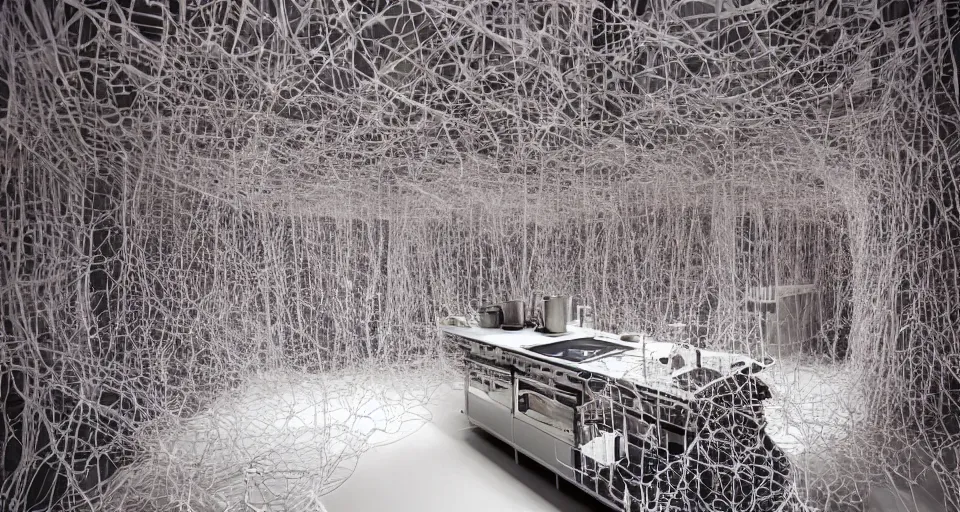 Prompt: IKEA catalogue photo of a futuristic kitchen on a spaceship, by Chiharu Shiota