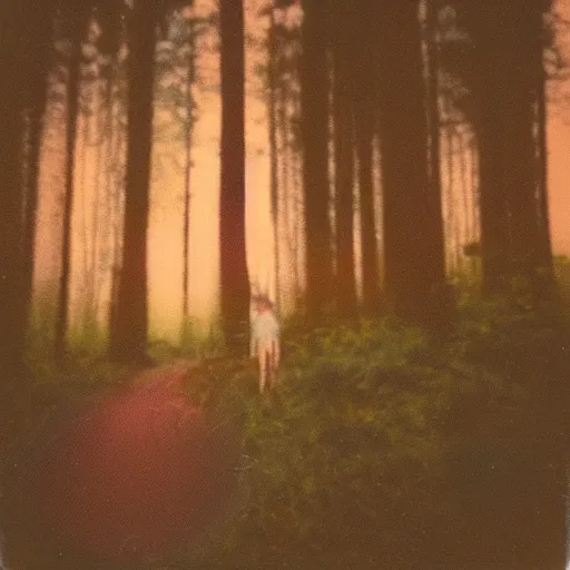 Image similar to alien abduction in a forest at night, old polaroid, expired film, blurry, lost footage, found footage,