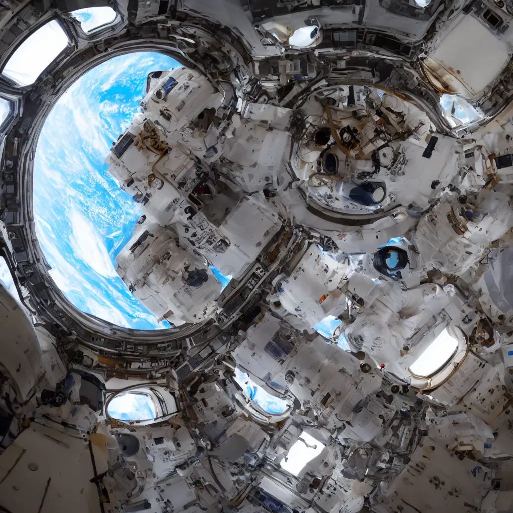 Prompt: Inside the international space station looking out a cupola window to see Mars looming in space. 4K.