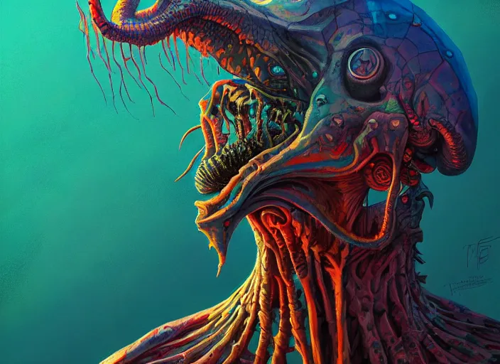 Prompt: a psychedelic portrait of omin dran skeletal mind flayer reptile, vibrant color scheme, highly detailed, in the style of romanticism, cinematic, artstation, moebius, greg rutkowski