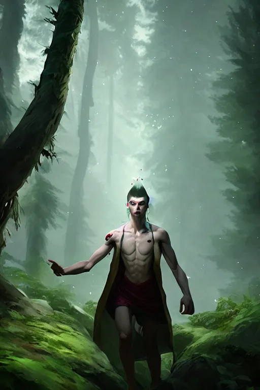 Prompt: a human elemental sorcerer, forest setting, colorful magic, male, white skin, young, sharp focus, concept art, dynamic lighting, unreal engine, character design by emylie boivin, environment by greg rutkowski