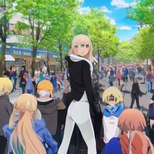 Image similar to blonde - haired princess, anime princess, wearing black jacket and white leggings, looking through crowd, town street, festival street, trees, green trees, blue lighting, blue sunshine, strong lighting, strong shadows, vivid hues, ultra - realistic, sharp details, subsurface scattering, intricate details, hd anime, 2 0 1 9 anime